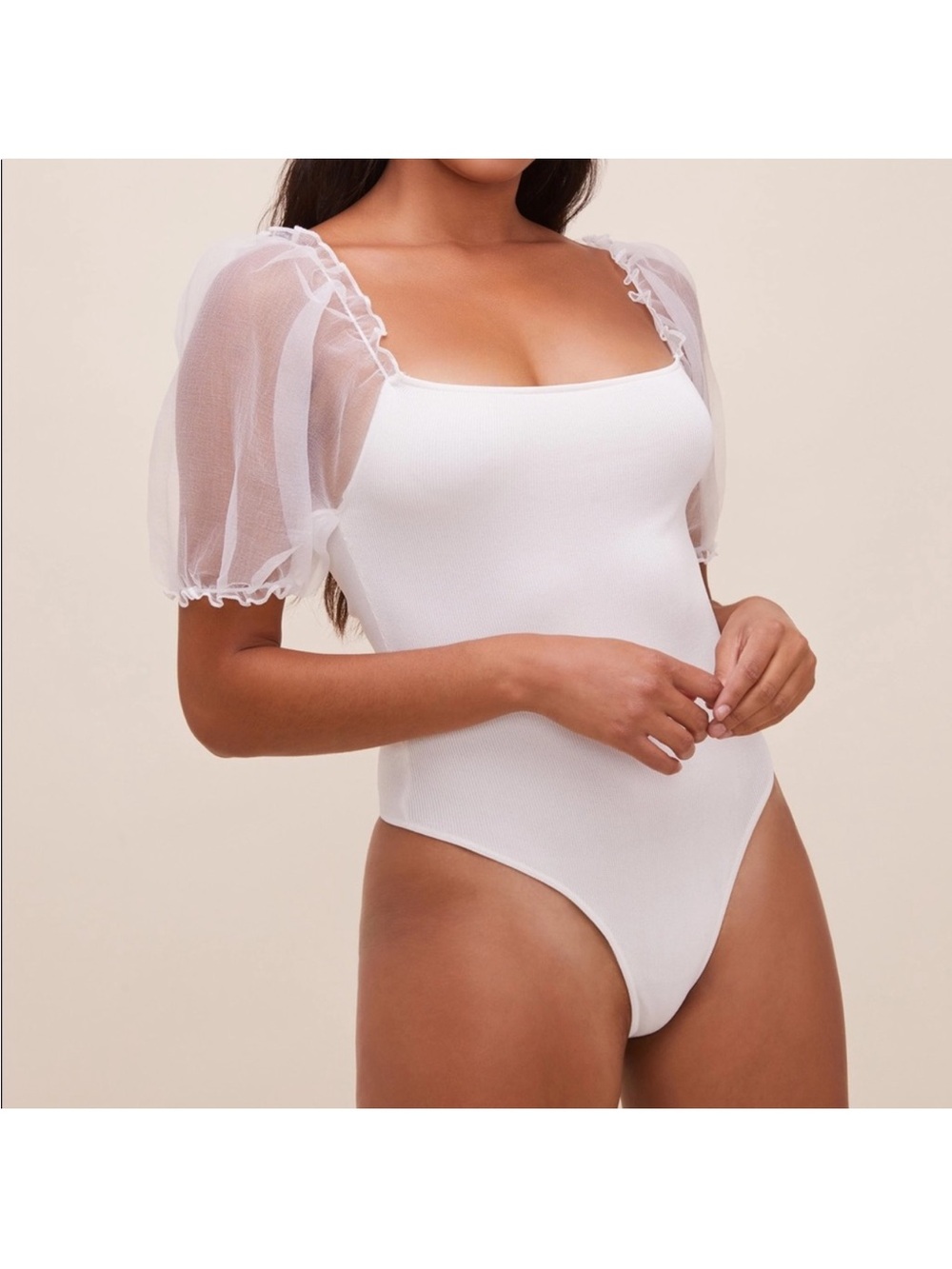 Astr White Puff Sleeve Square Neck Bodysuit
